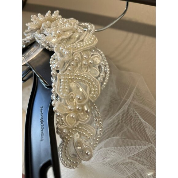 Vintage 1990s Beaded Bridal Headband Veil Cream Tulle Two Tier Mid Length - Picture 4 of 16
